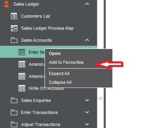 A screenshot of a Sage 200 system showing how to add items into the favourites menu.