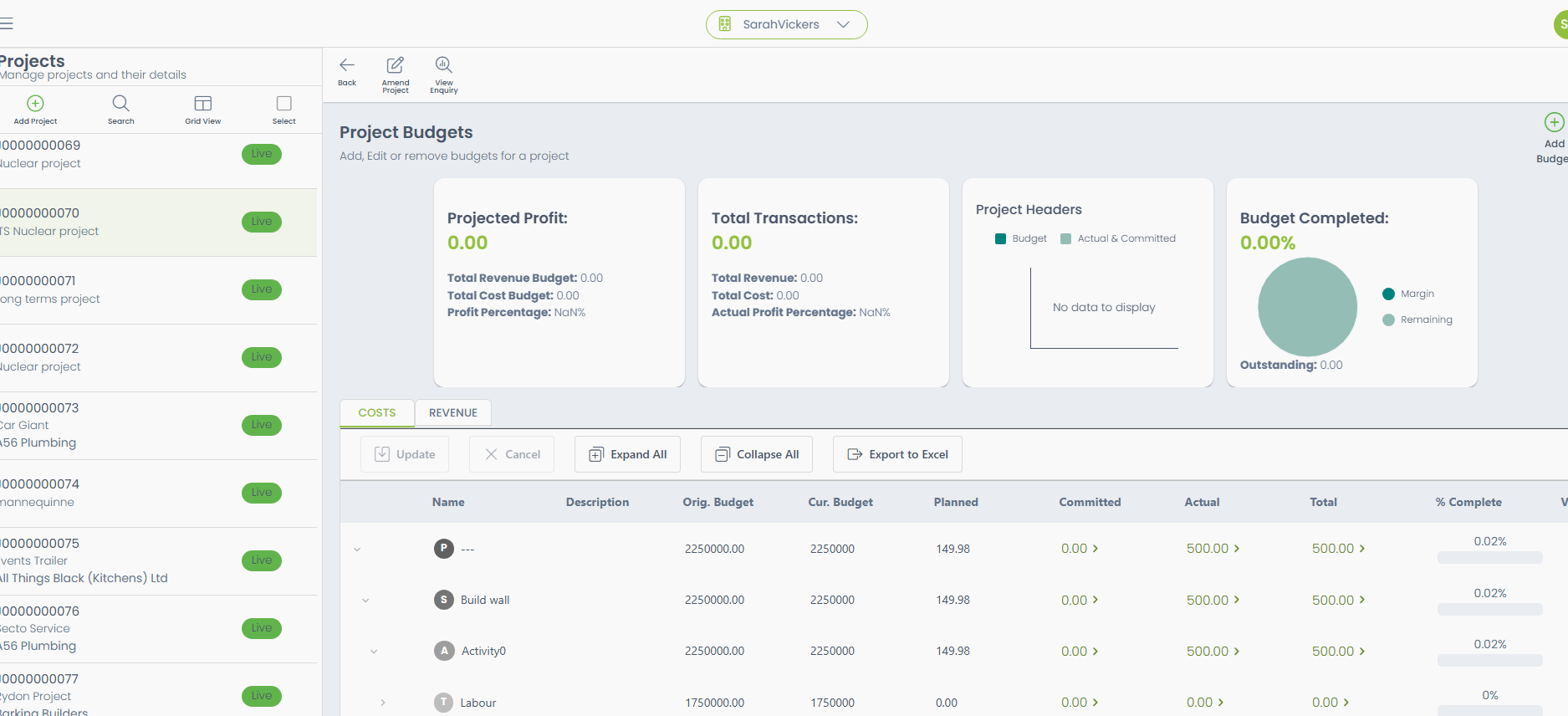 The Hub Project Enquiry budgets screen
