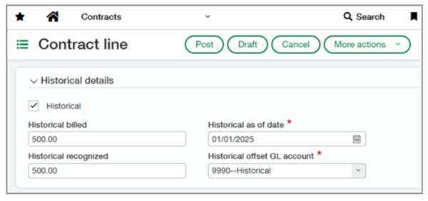 Sage Intacct Historical contracts screen shot