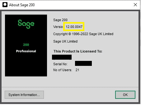 How to find your Sage 200 version